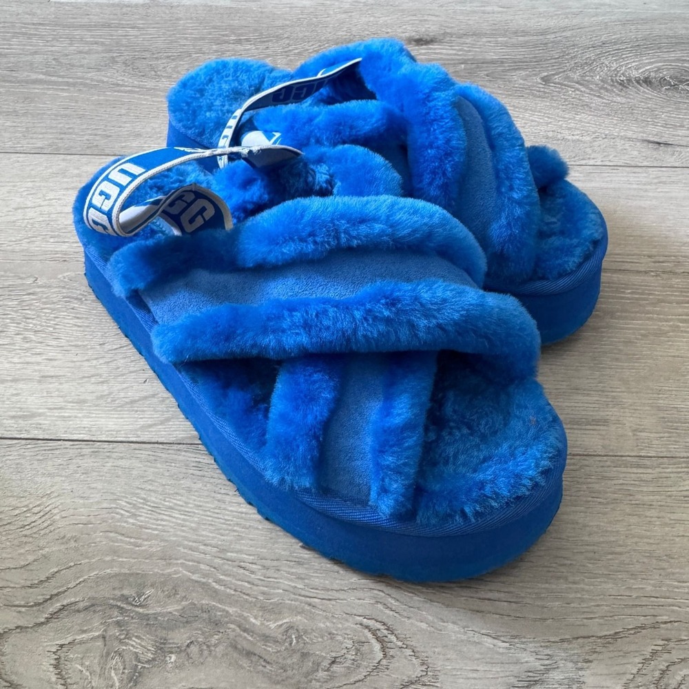 UGG Disco Cross Slide Royal Blue Sheepskin Platform Slingback Slide Sandals 9